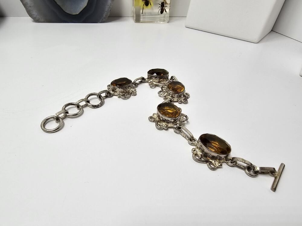 Vintage 925 Sterling Silver & Orange Stone Handmade Bracelet 7 - 8 " Long